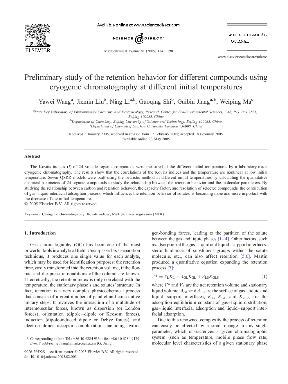 Preliminary study of the retention behavior for different compounds using cryogenic chromatography at different initial temperatures