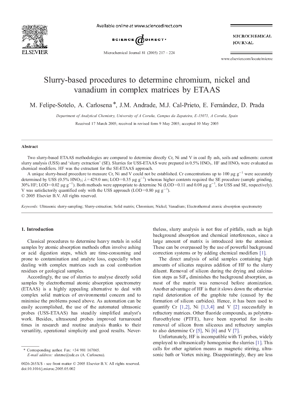 Slurry-based procedures to determine chromium, nickel and vanadium in complex matrices by ETAAS