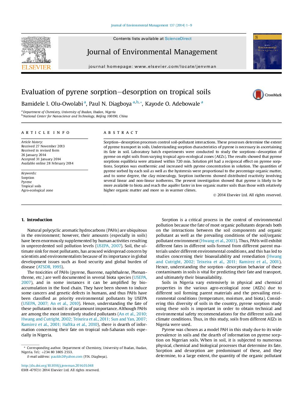 Evaluation of pyrene sorption–desorption on tropical soils