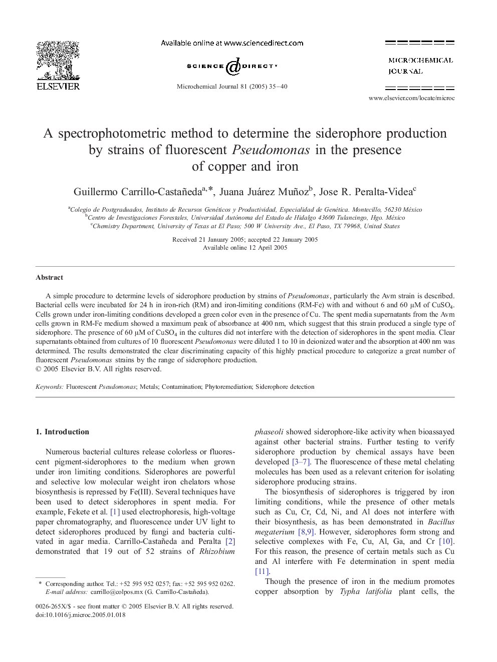 A spectrophotometric method to determine the siderophore production by strains of fluorescent Pseudomonas in the presence of copper and iron