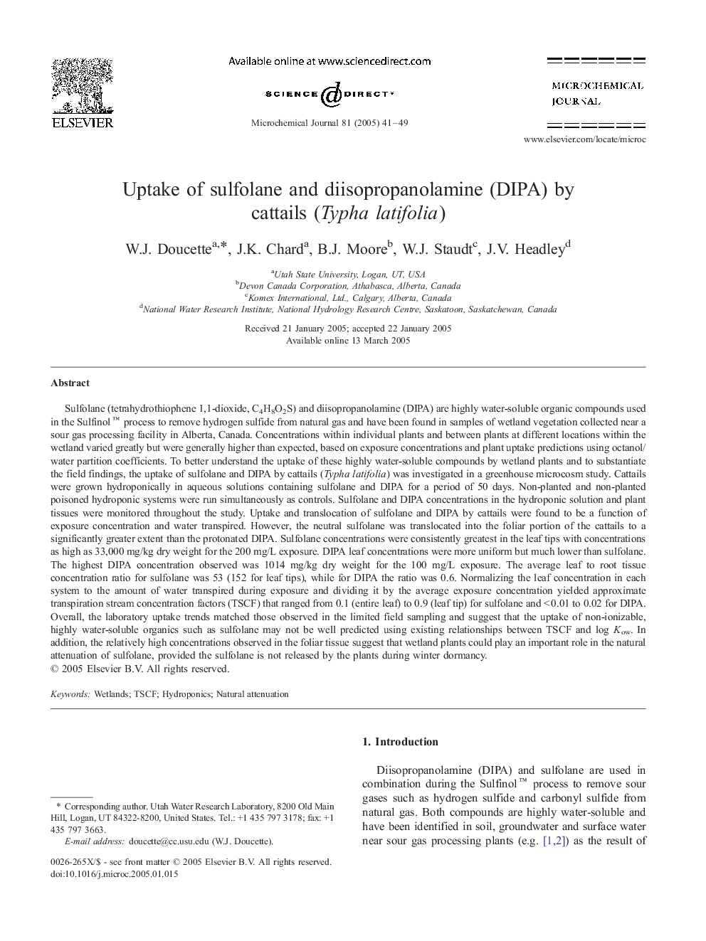 Uptake of sulfolane and diisopropanolamine (DIPA) by cattails (Typha latifolia)