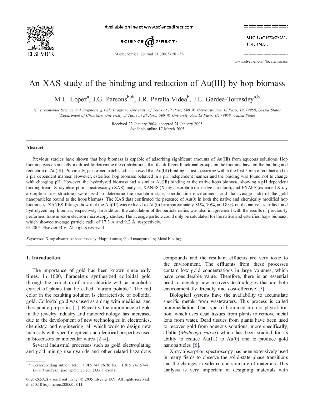 An XAS study of the binding and reduction of Au(III) by hop biomass