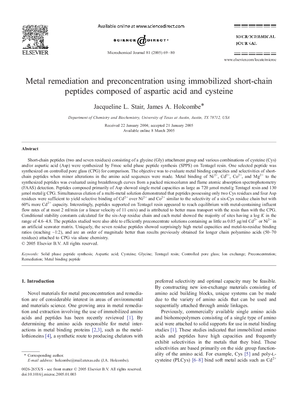 Metal remediation and preconcentration using immobilized short-chain peptides composed of aspartic acid and cysteine