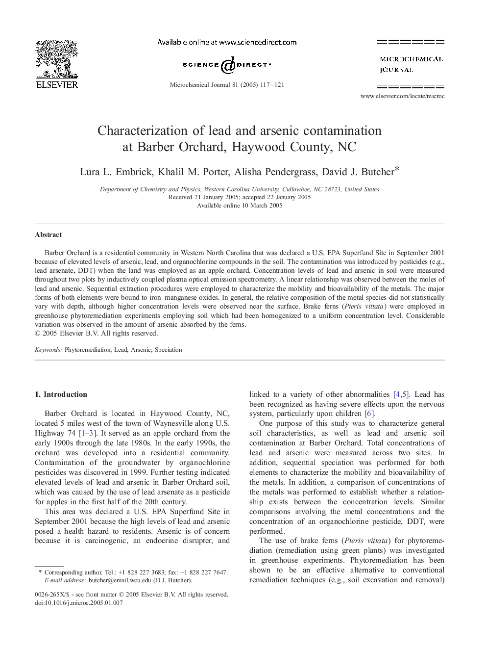 Characterization of lead and arsenic contamination at Barber Orchard, Haywood County, NC