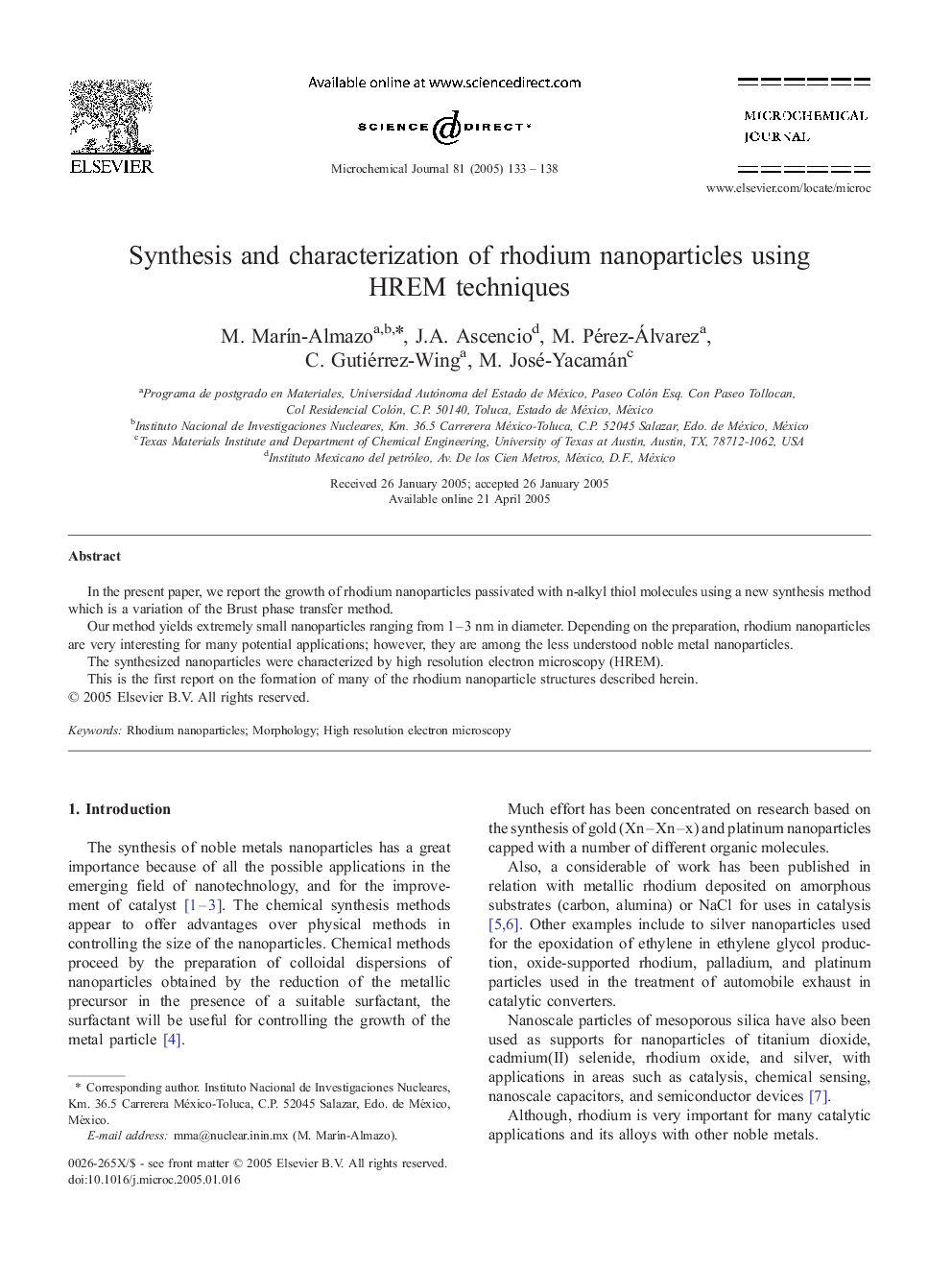 Synthesis and characterization of rhodium nanoparticles using HREM techniques