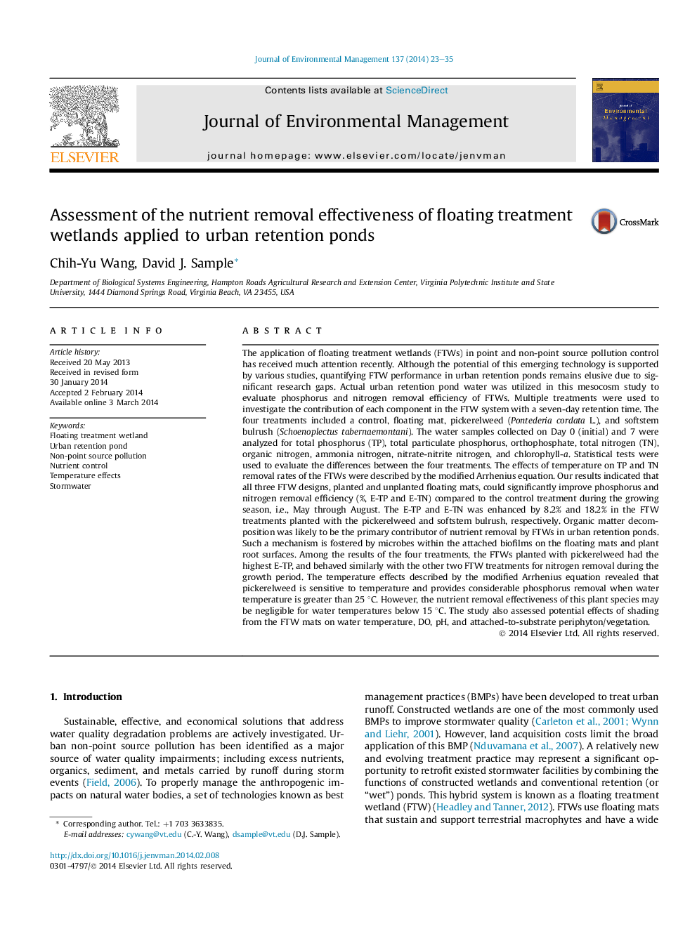 Assessment of the nutrient removal effectiveness of floating treatment wetlands applied to urban retention ponds