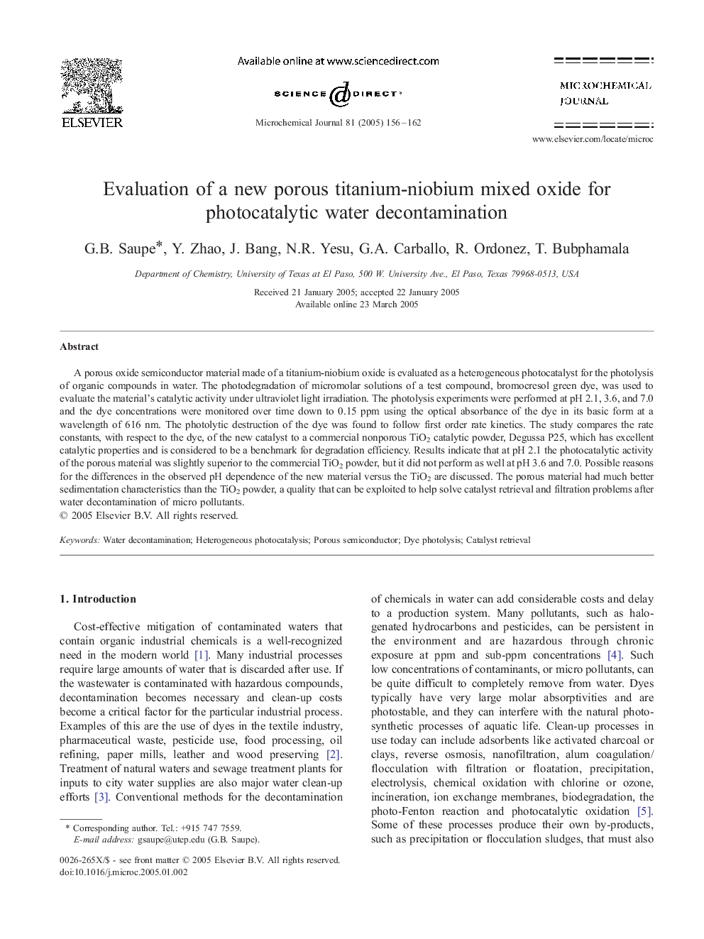 Evaluation of a new porous titanium-niobium mixed oxide for photocatalytic water decontamination