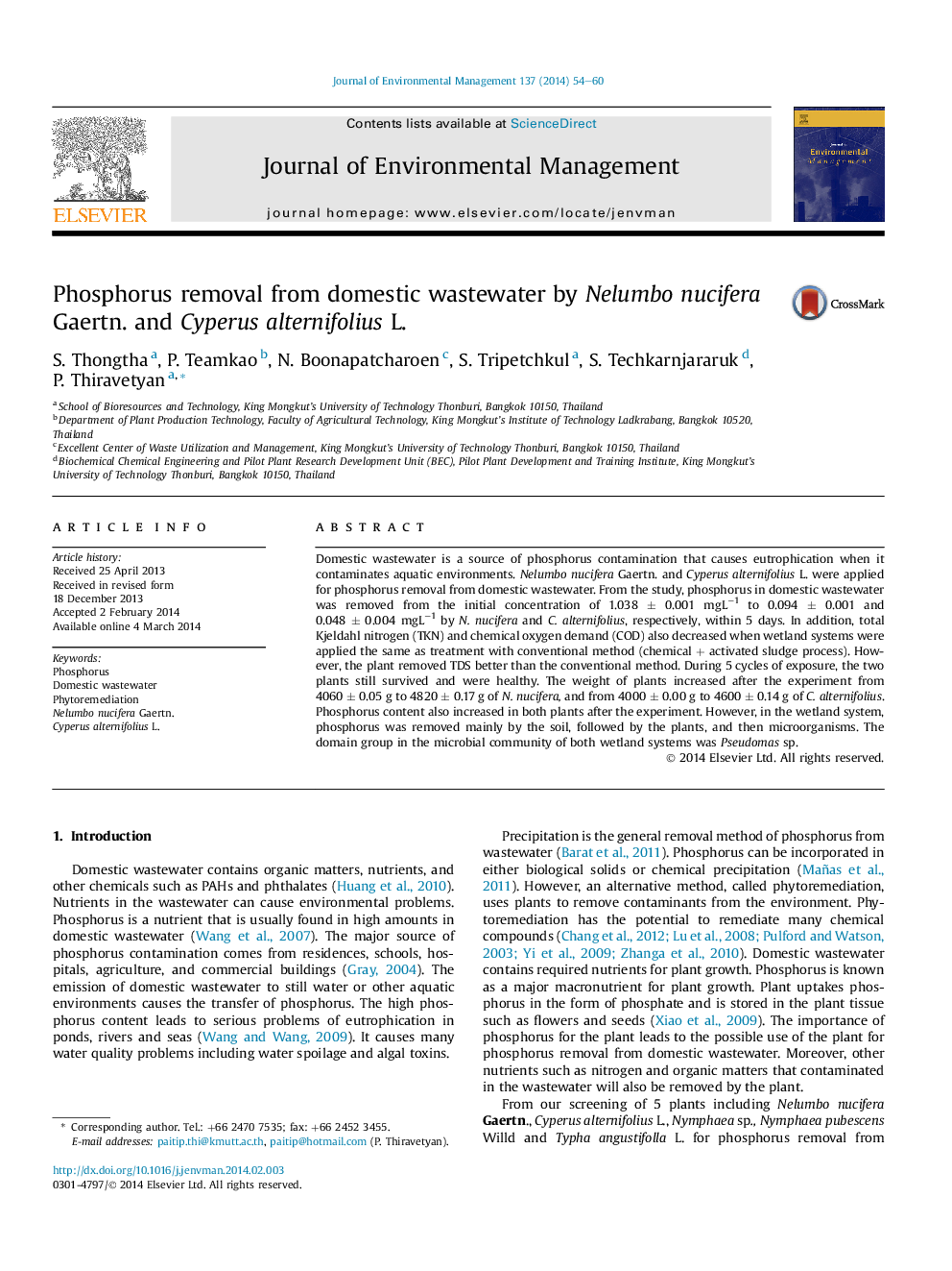 Phosphorus removal from domestic wastewater by Nelumbo nucifera Gaertn. and Cyperus alternifolius L.