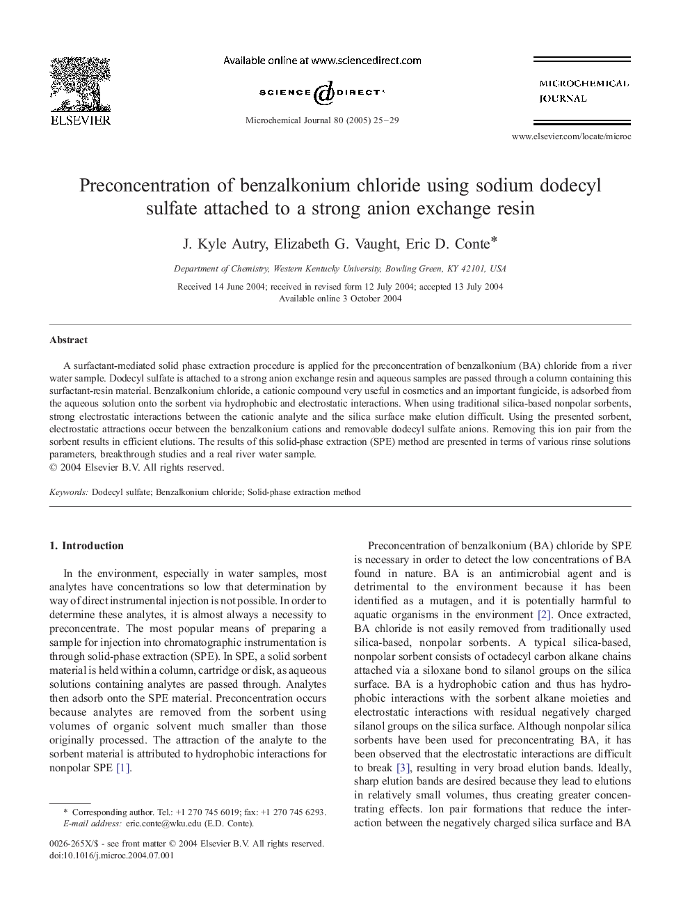 Preconcentration of benzalkonium chloride using sodium dodecyl sulfate attached to a strong anion exchange resin