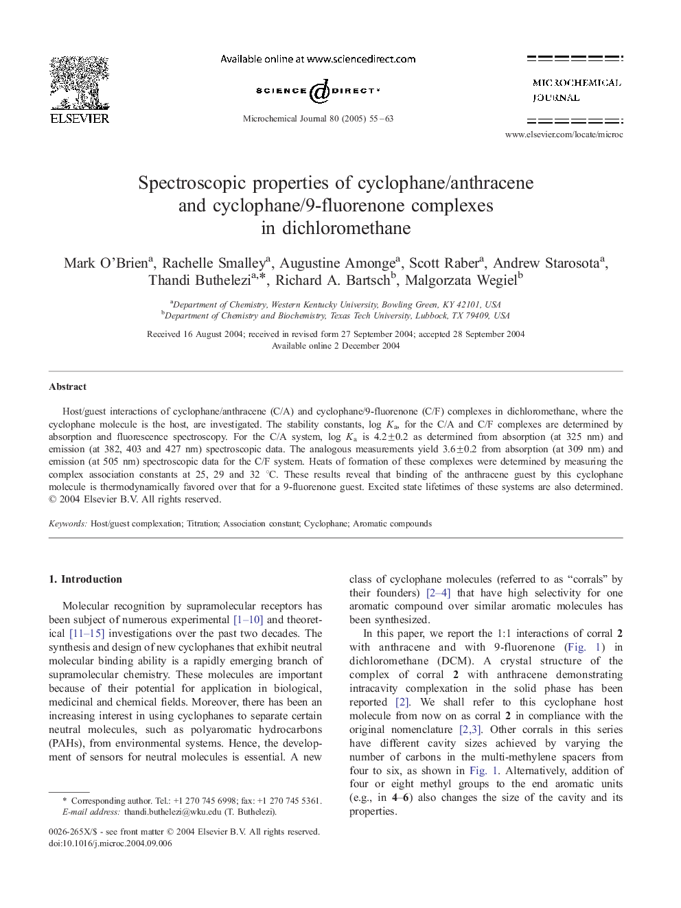 Spectroscopic properties of cyclophane/anthracene and cyclophane/9-fluorenone complexes in dichloromethane