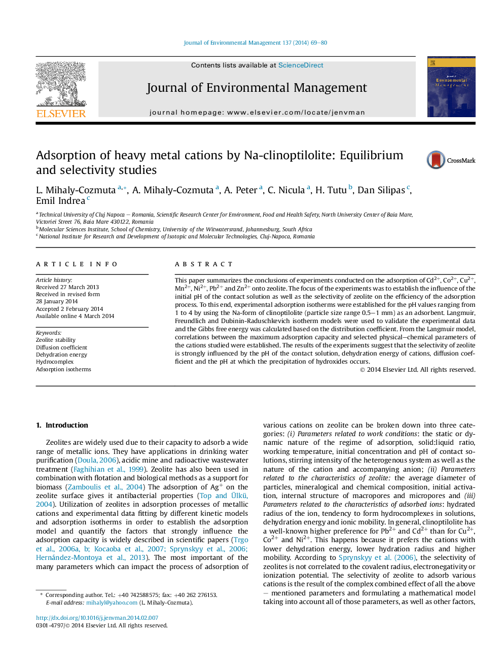 Adsorption of heavy metal cations by Na-clinoptilolite: Equilibrium and selectivity studies