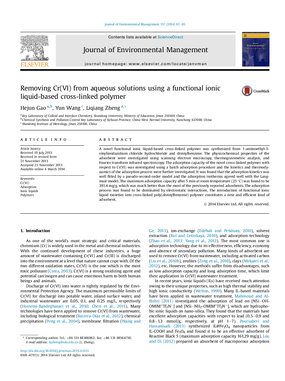 Removing Cr(VI) from aqueous solutions using a functional ionic liquid-based cross-linked polymer