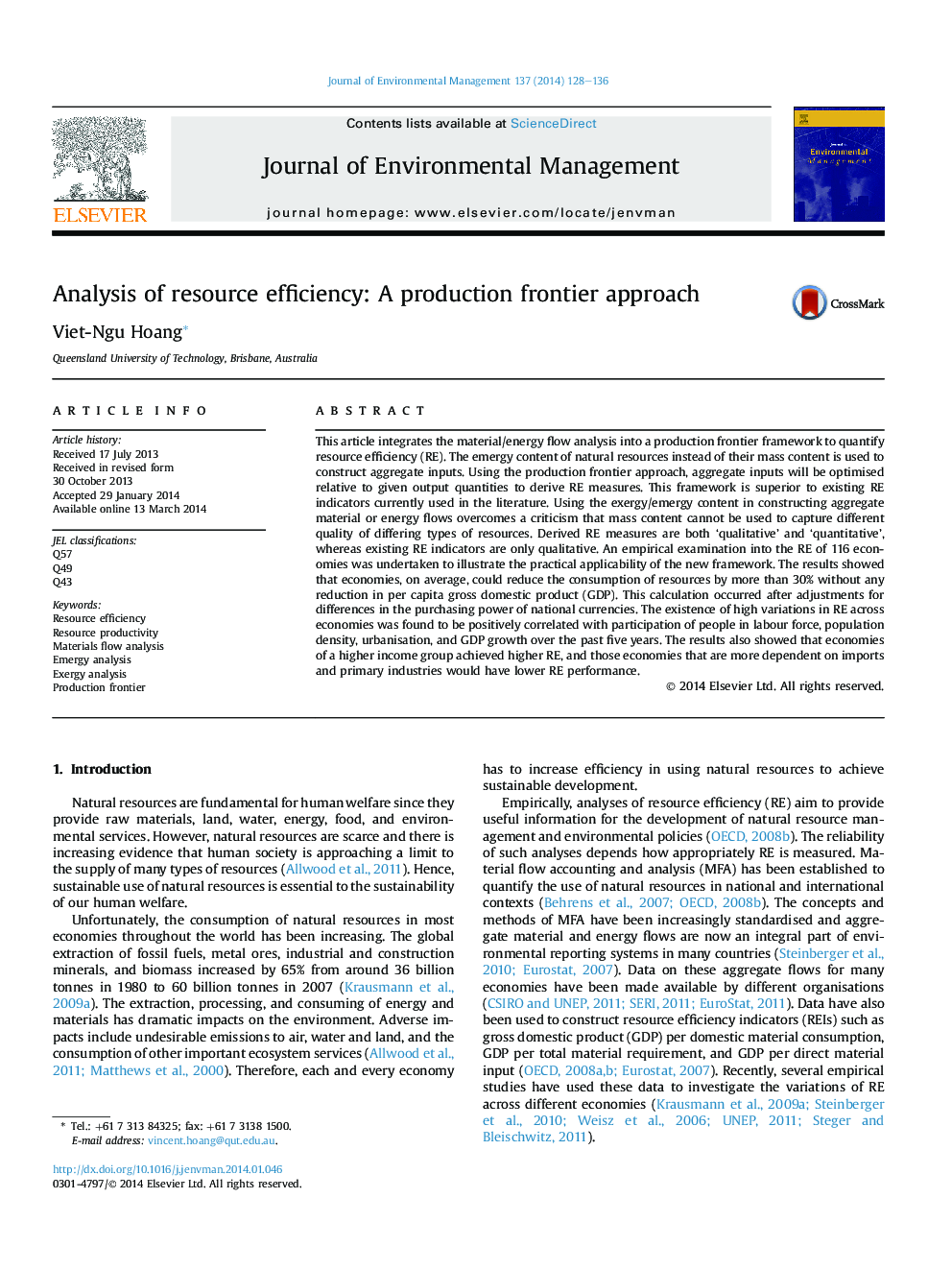 Analysis of resource efficiency: A production frontier approach