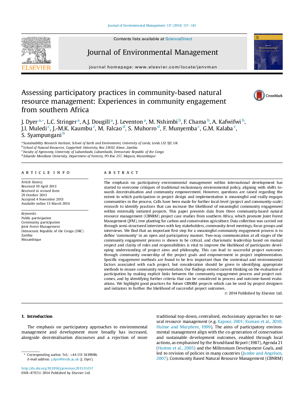 Assessing participatory practices in community-based natural resource management: Experiences in community engagement from southern Africa