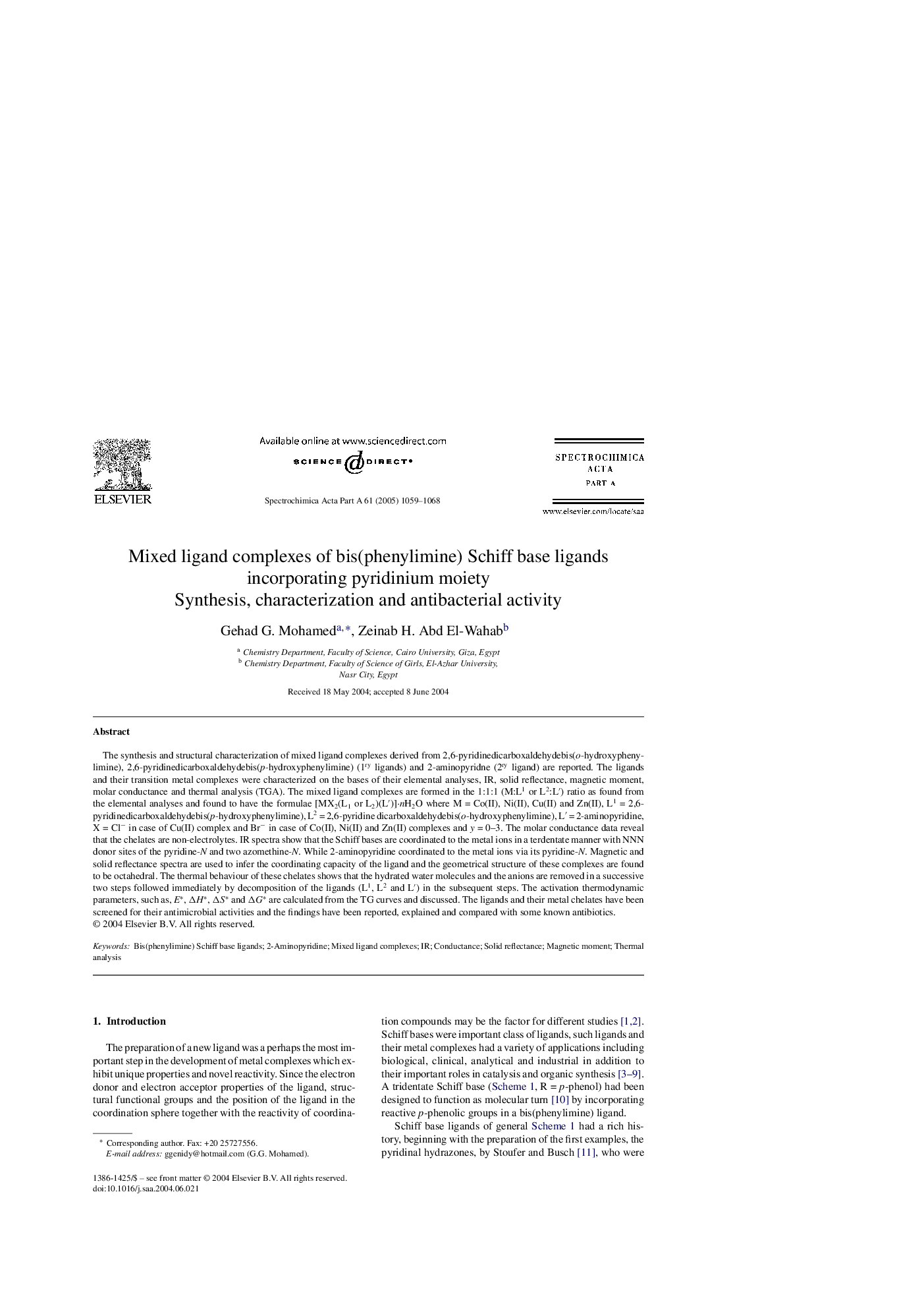 Mixed ligand complexes of bis(phenylimine) Schiff base ligands incorporating pyridinium moiety