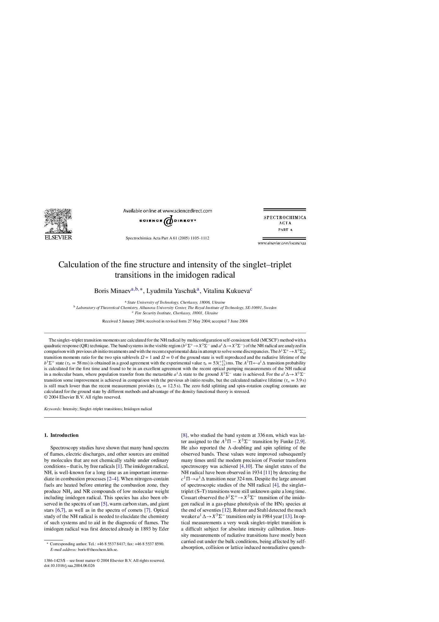 Calculation of the fine structure and intensity of the singlet-triplet transitions in the imidogen radical