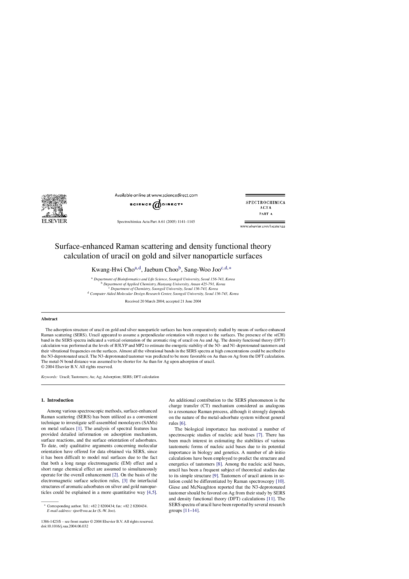 Surface-enhanced Raman scattering and density functional theory calculation of uracil on gold and silver nanoparticle surfaces