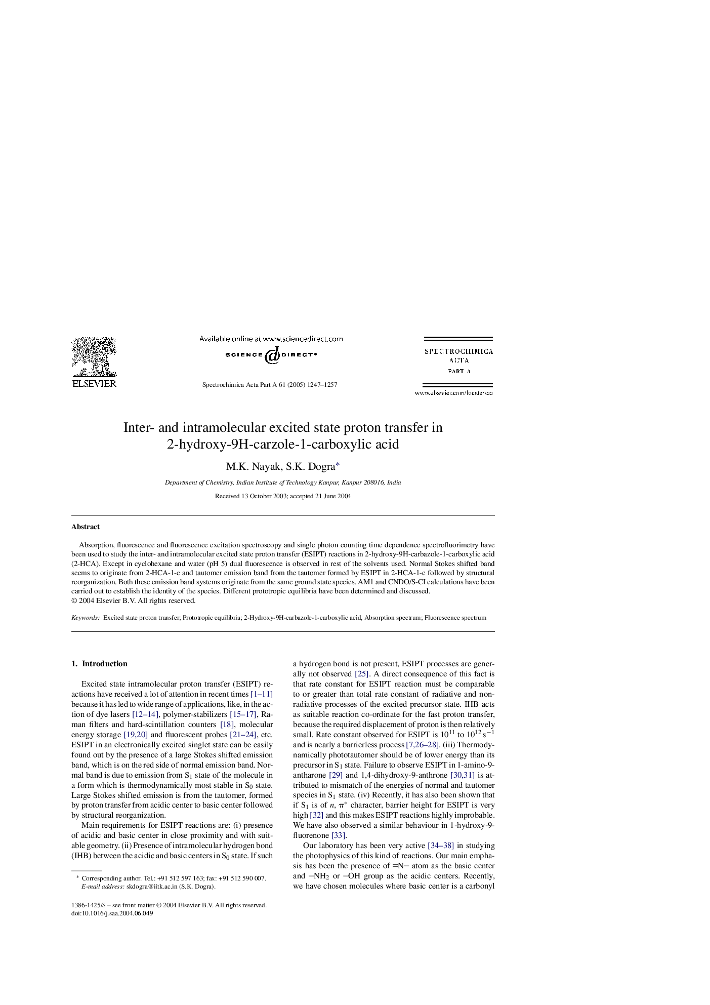 Inter- and intramolecular excited state proton transfer in 2-hydroxy-9H-carzole-1-carboxylic acid