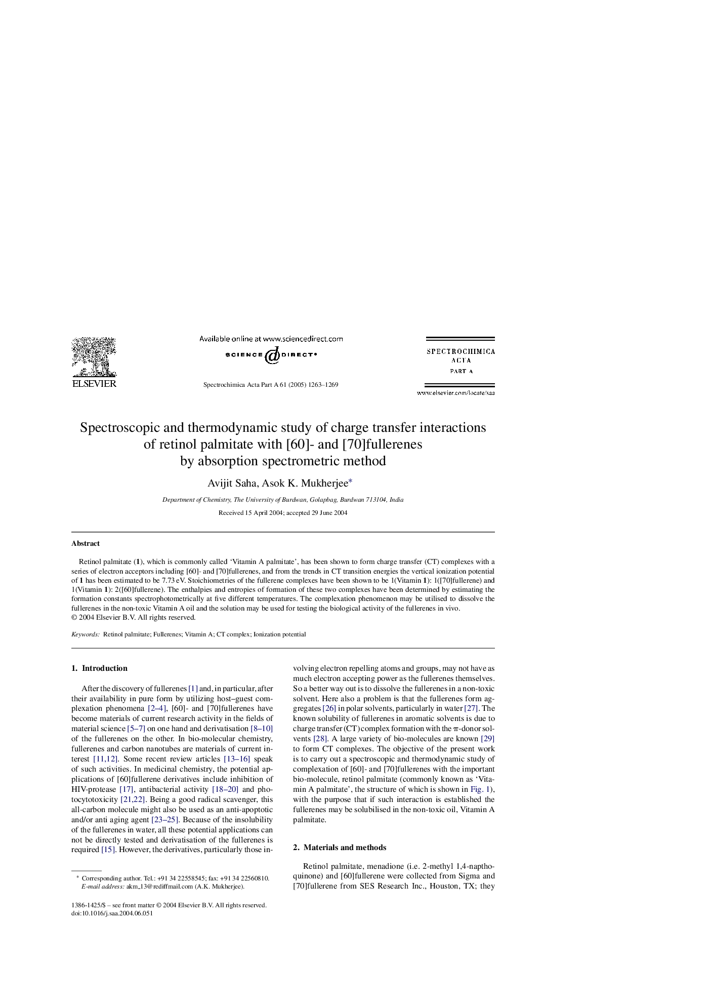 Spectroscopic and thermodynamic study of charge transfer interactions of retinol palmitate with [60]- and [70]fullerenes by absorption spectrometric method