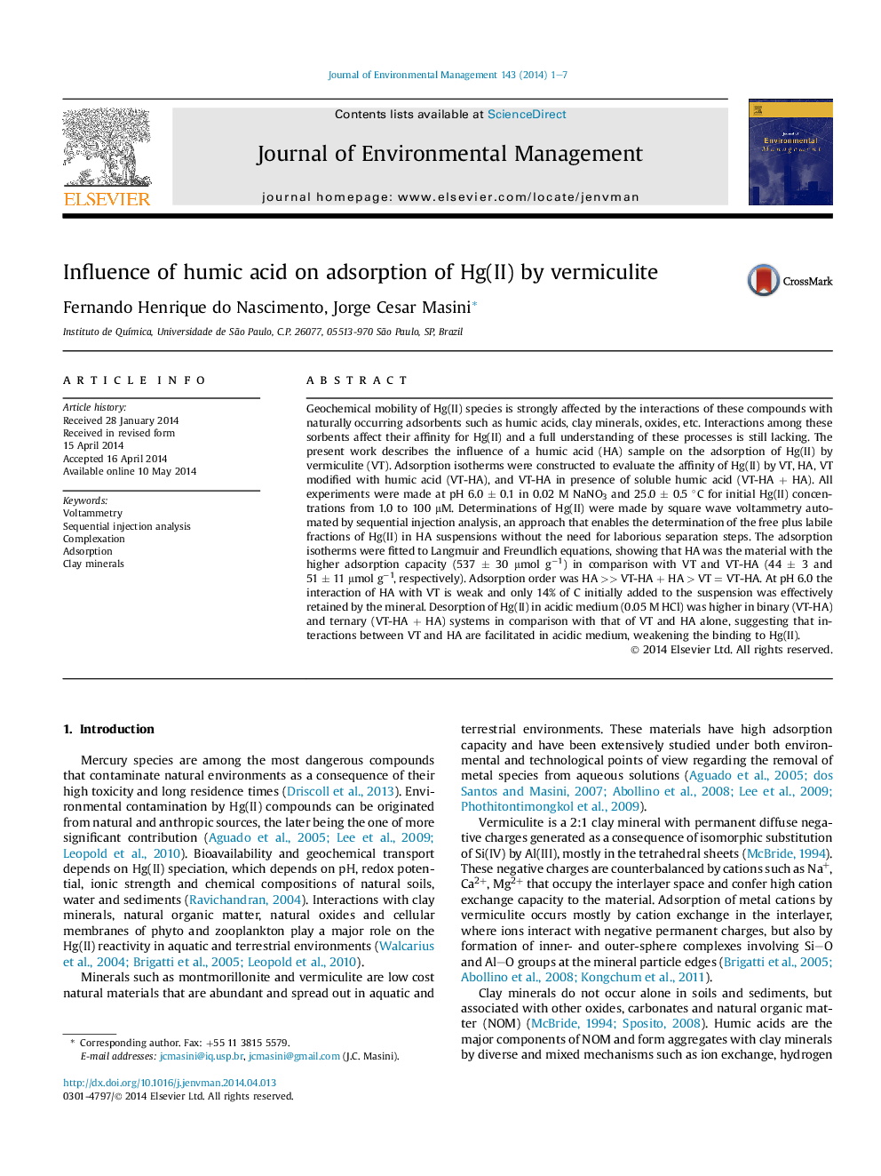 Influence of humic acid on adsorption of Hg(II) by vermiculite