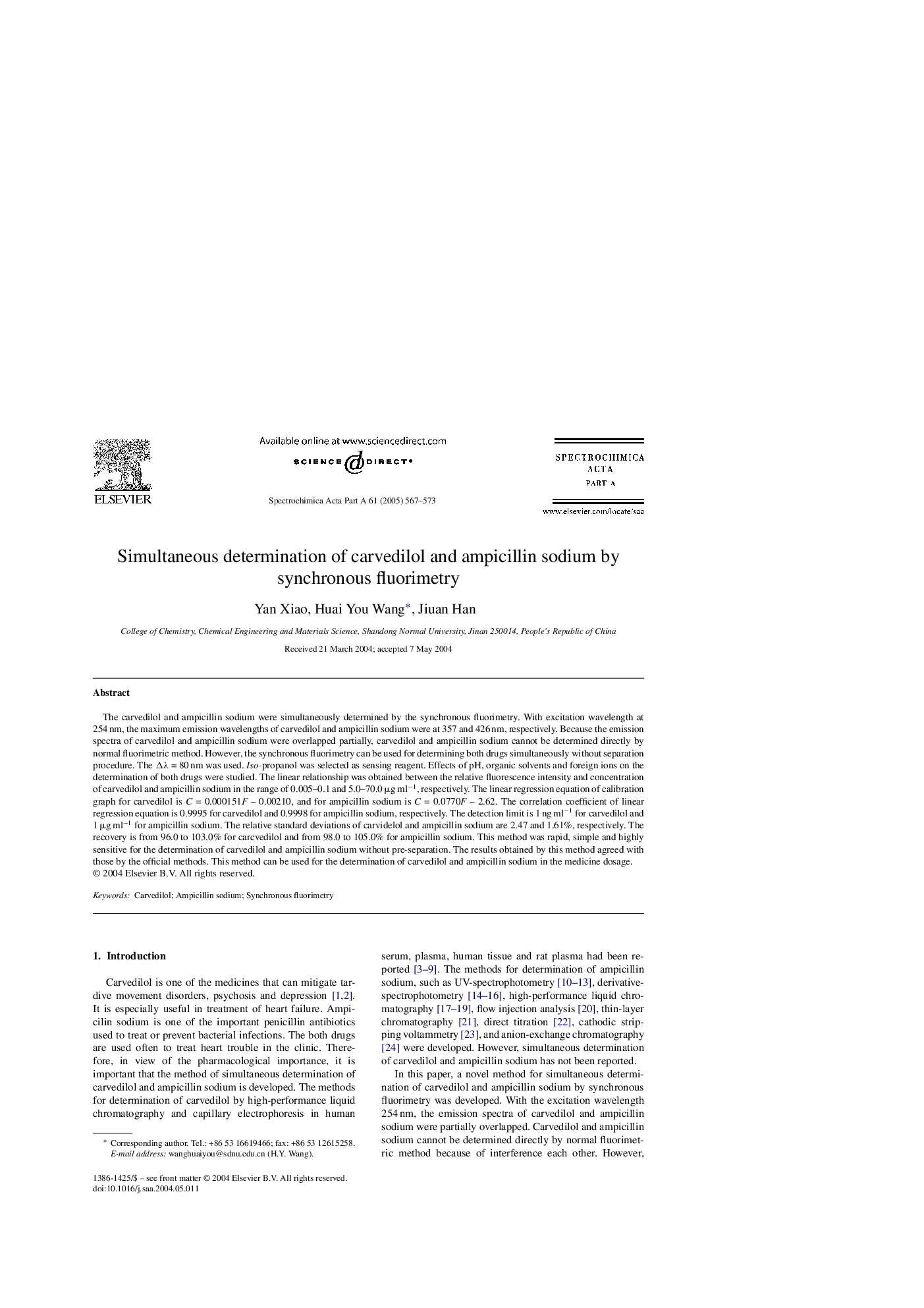 Simultaneous determination of carvedilol and ampicillin sodium by synchronous fluorimetry