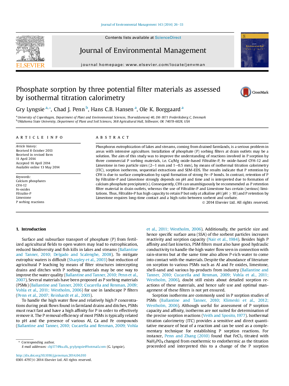 Phosphate sorption by three potential filter materials as assessed by isothermal titration calorimetry