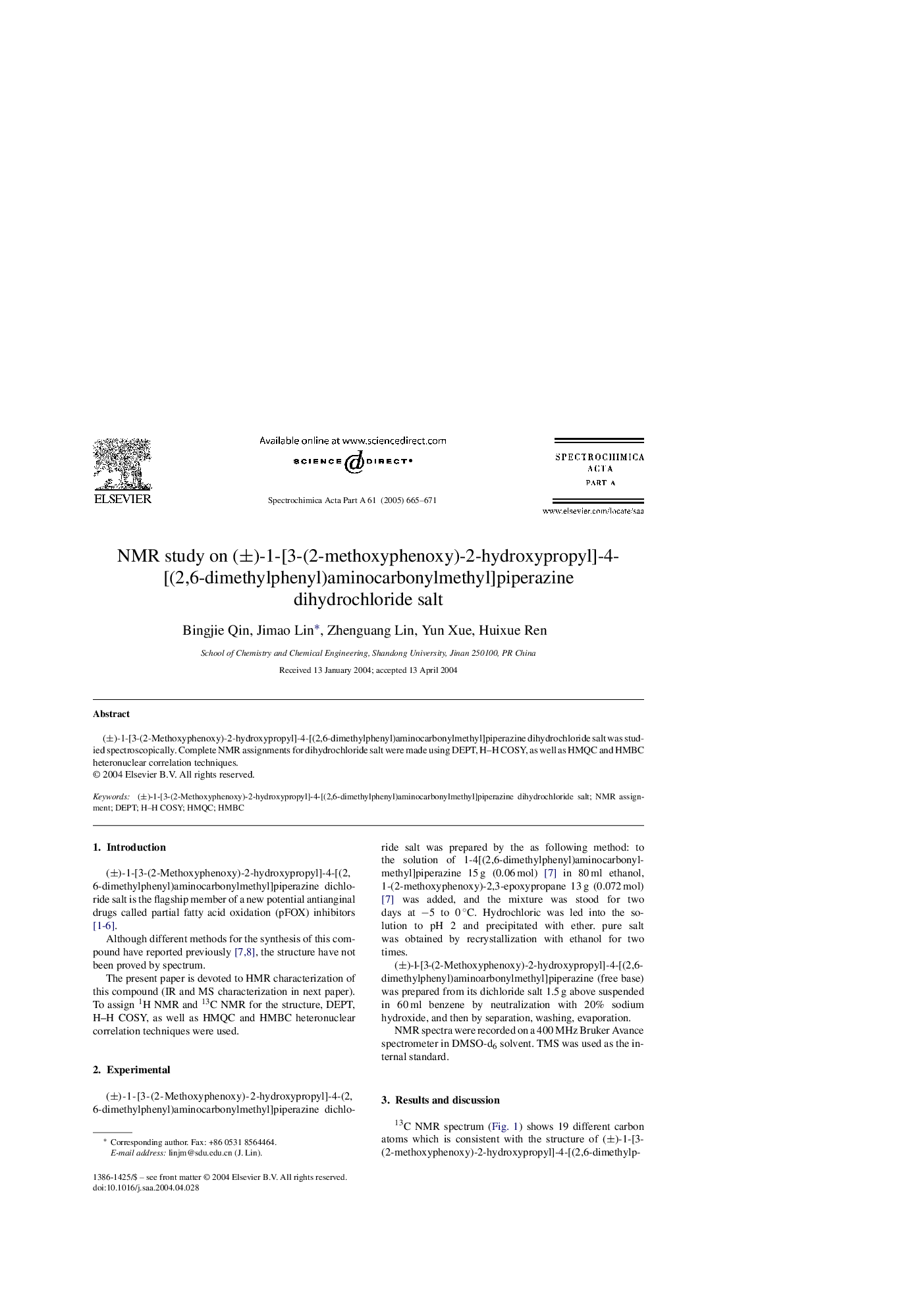 NMR study on (Â±)-1-[3-(2-methoxyphenoxy)-2-hydroxypropyl]-4-[(2,6-dimethylphenyl)aminocarbonylmethyl]piperazine dihydrochloride salt