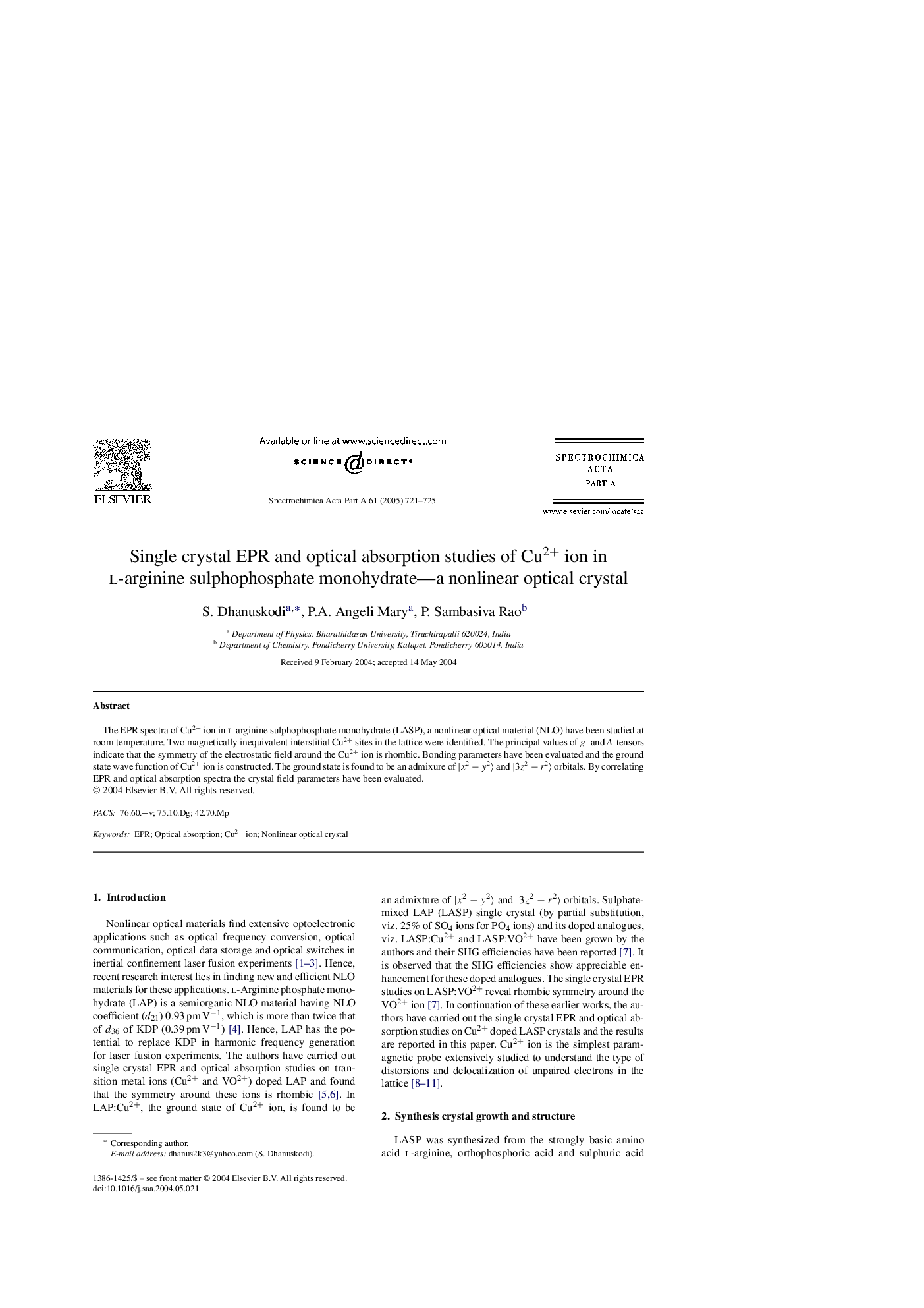 Single crystal EPR and optical absorption studies of Cu2+ ion in l-arginine sulphophosphate monohydrate-a nonlinear optical crystal