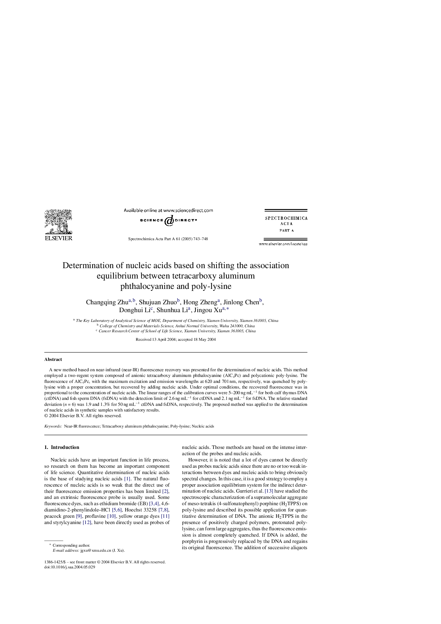 Determination of nucleic acids based on shifting the association equilibrium between tetracarboxy aluminum phthalocyanine and poly-lysine