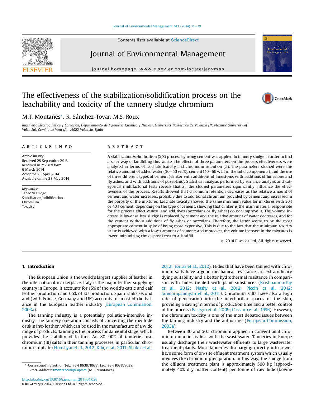 The effectiveness of the stabilization/solidification process on the leachability and toxicity of the tannery sludge chromium