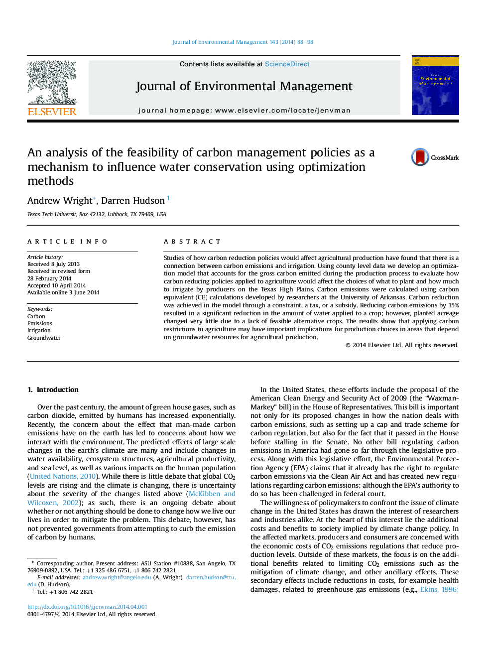 An analysis of the feasibility of carbon management policies as a mechanism to influence water conservation using optimization methods