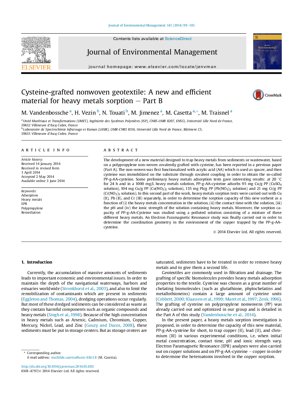 Cysteine-grafted nonwoven geotextile: A new and efficient material for heavy metals sorption – Part B