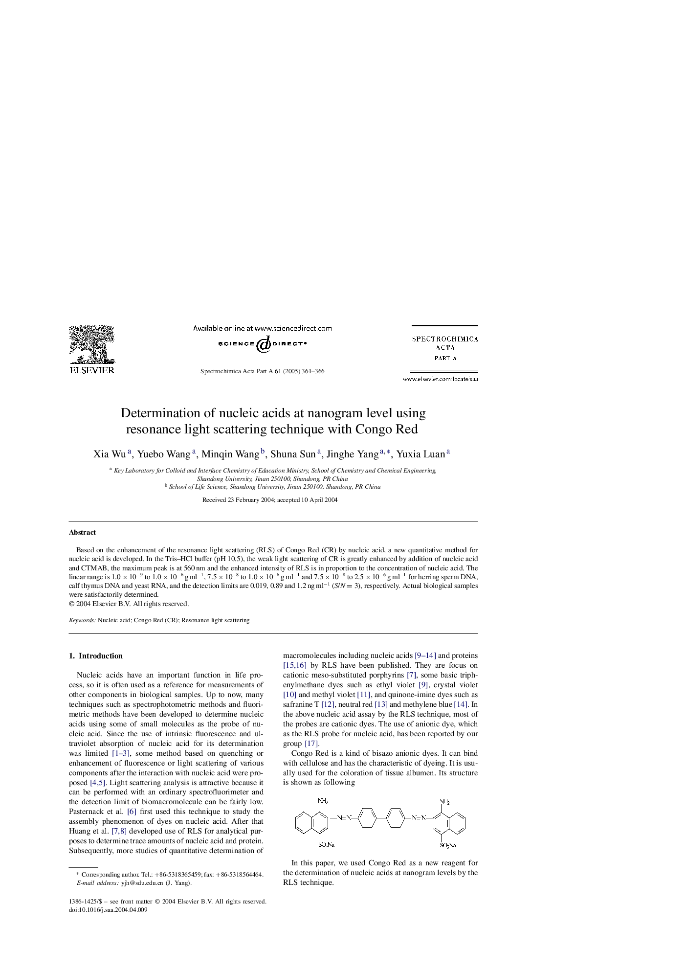 Determination of nucleic acids at nanogram level using resonance light scattering technique with Congo Red