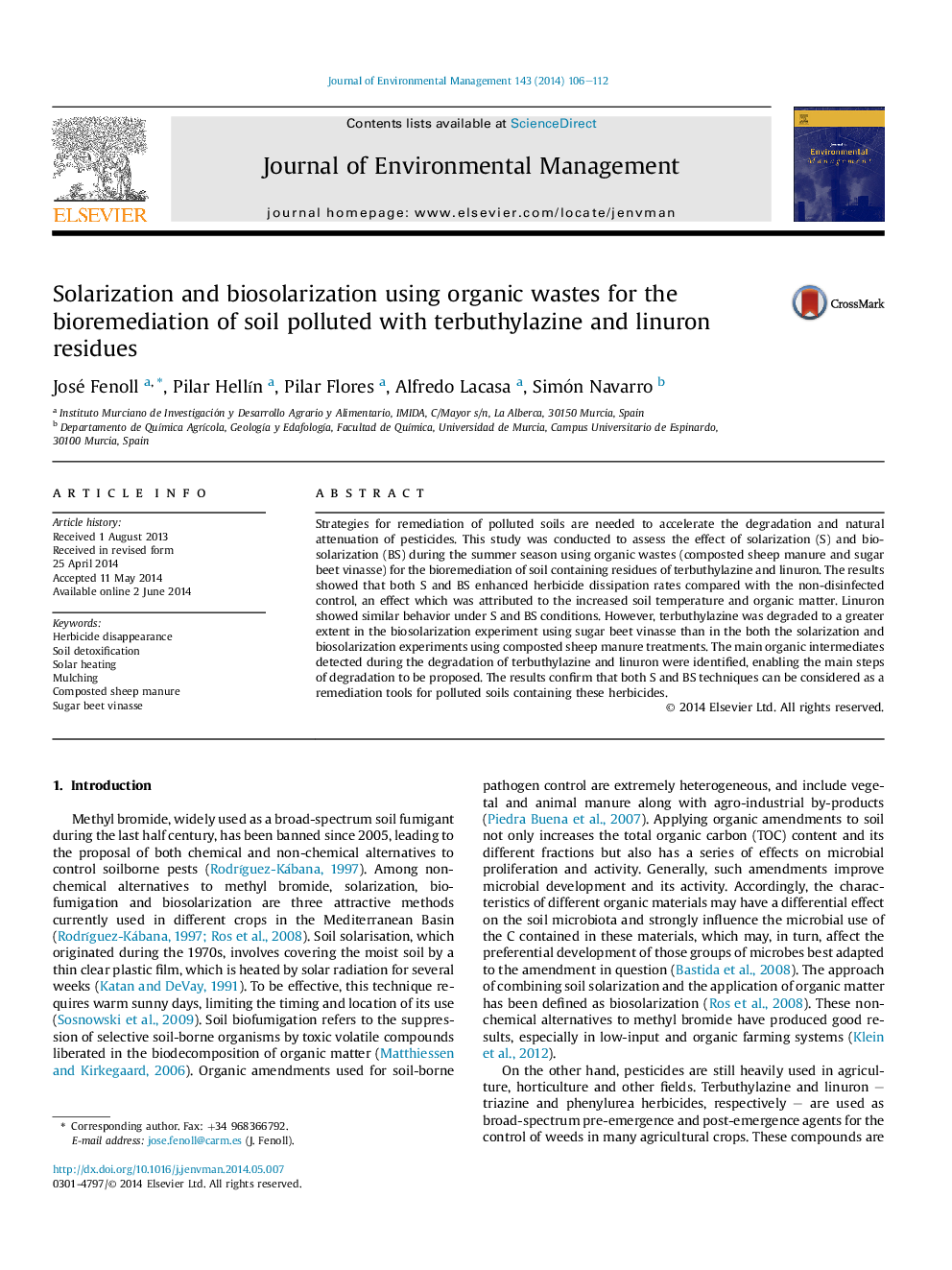 Solarization and biosolarization using organic wastes for the bioremediation of soil polluted with terbuthylazine and linuron residues