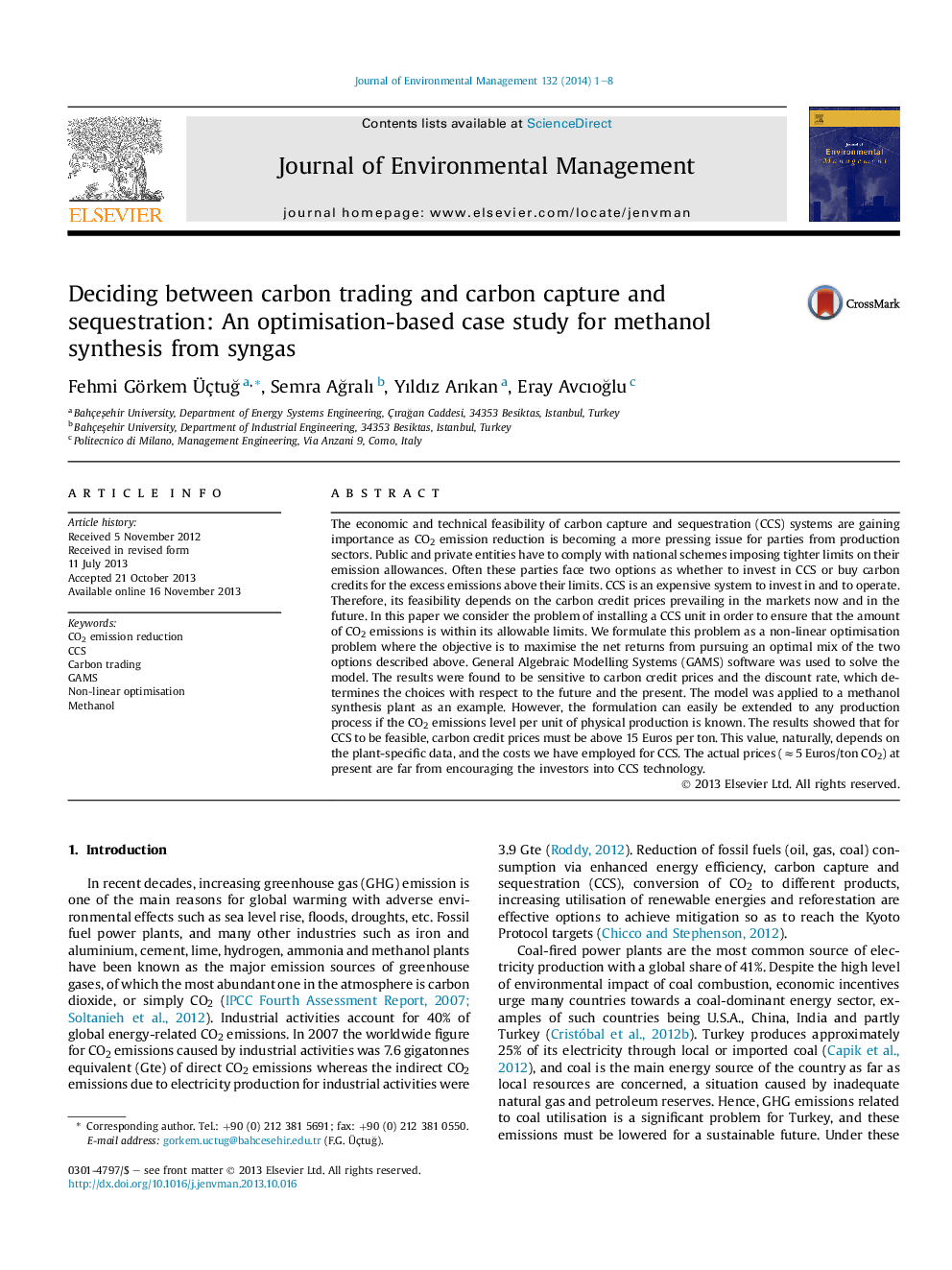 Deciding between carbon trading and carbon capture and sequestration: An optimisation-based case study for methanol synthesis from syngas