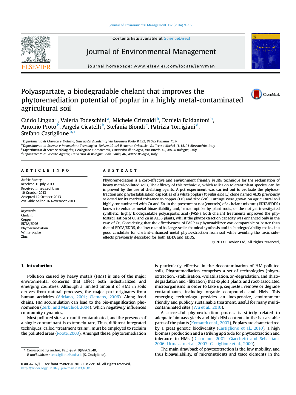 Polyaspartate, a biodegradable chelant that improves the phytoremediation potential of poplar in a highly metal-contaminated agricultural soil