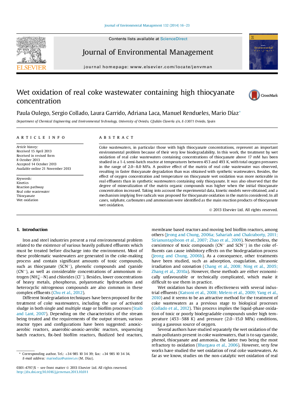 Wet oxidation of real coke wastewater containing high thiocyanate concentration