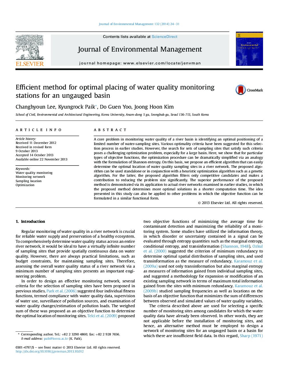 Efficient method for optimal placing of water quality monitoring stations for an ungauged basin