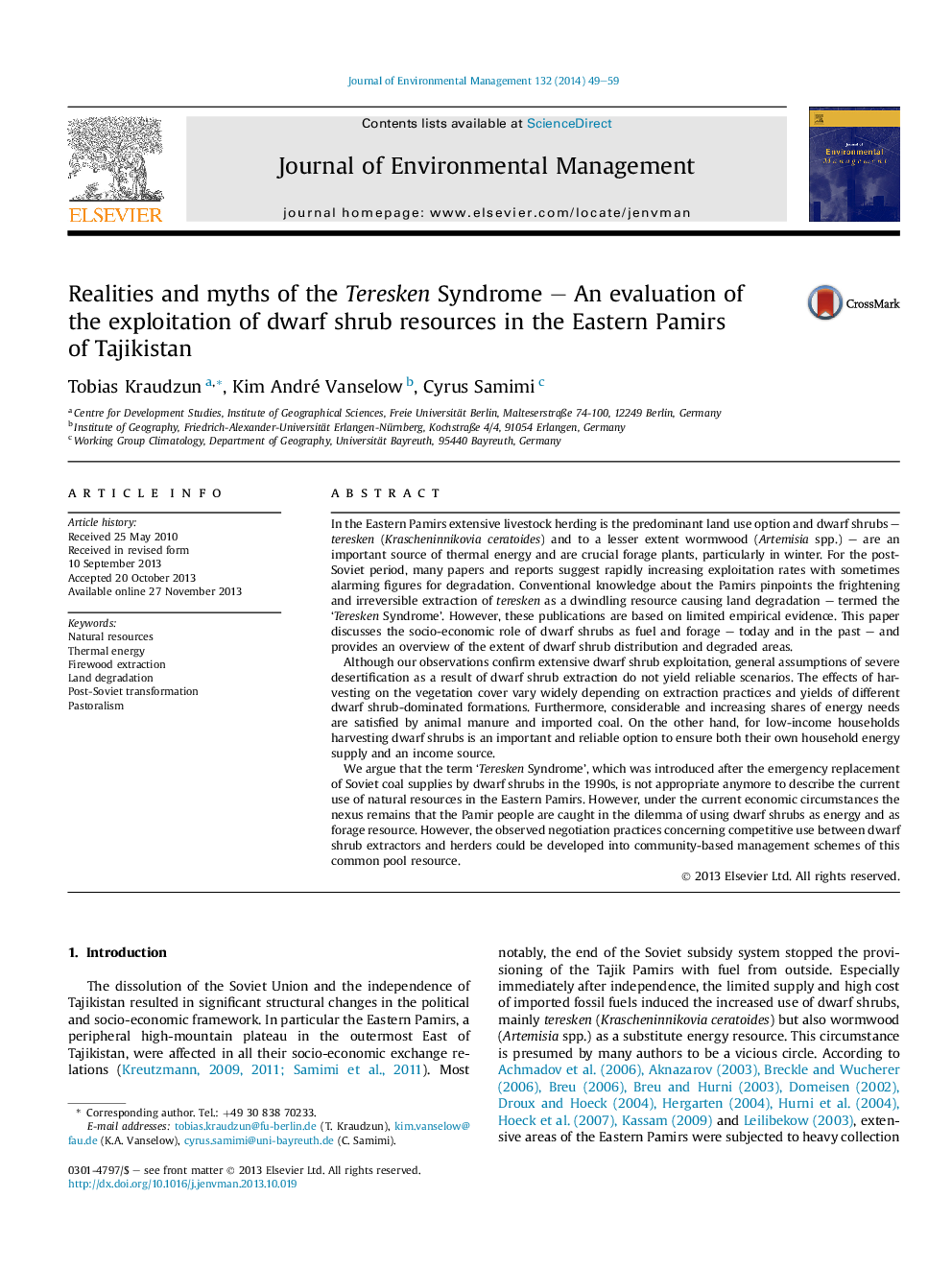 Realities and myths of the Teresken Syndrome - An evaluation of the exploitation of dwarf shrub resources in the Eastern Pamirs of Tajikistan