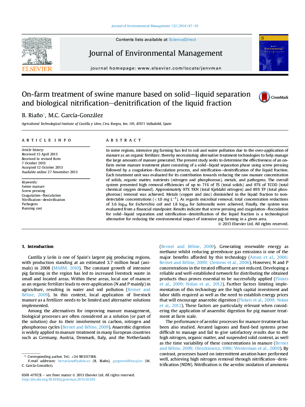 On-farm treatment of swine manure based on solid–liquid separation and biological nitrification–denitrification of the liquid fraction