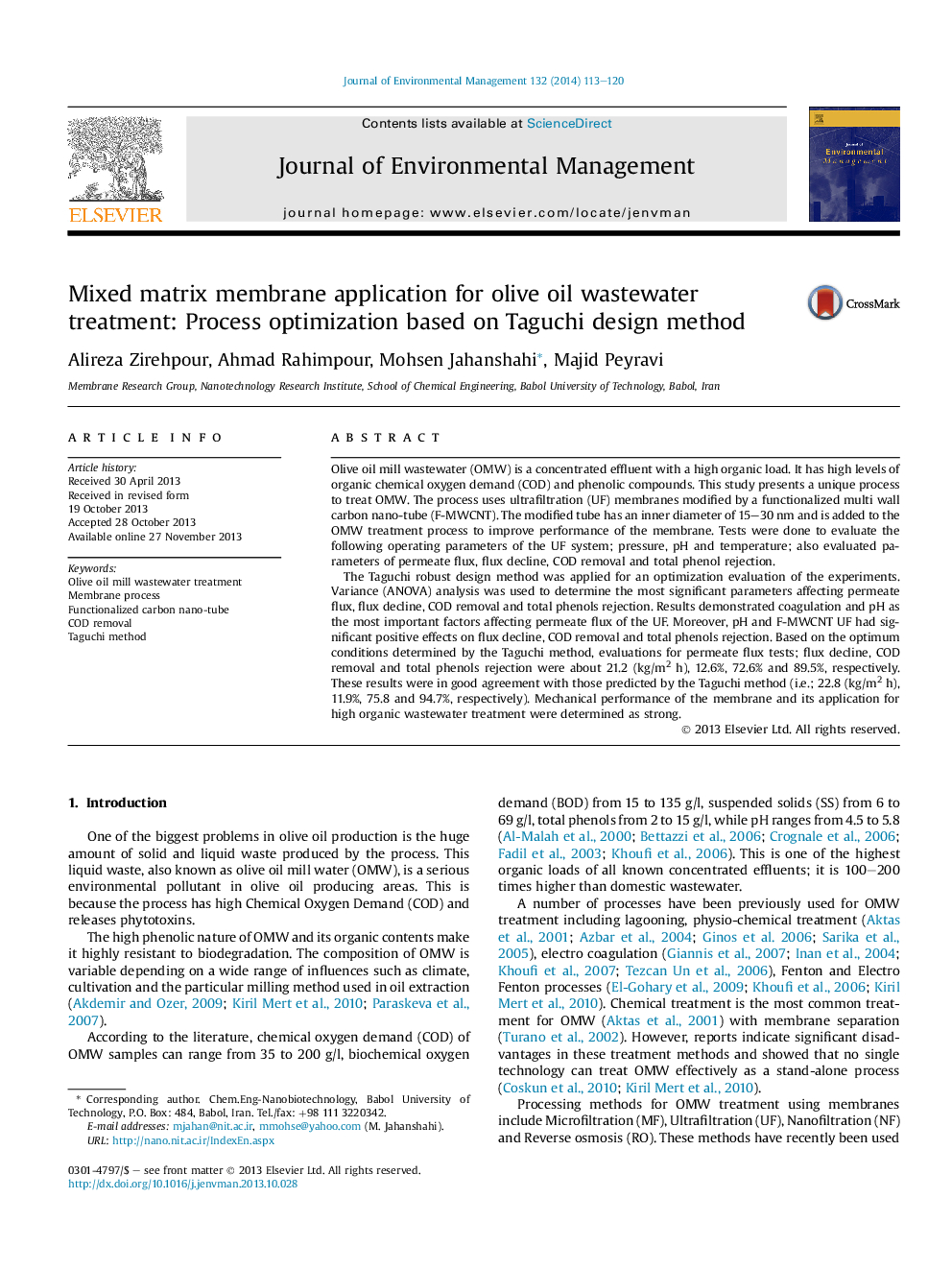 عکس صفحه اول مقاله: Mixed matrix membrane application for olive oil wastewater treatment: Process optimization based on Taguchi design method Mixed matrix membrane application for olive oil wastewater treatment: Process optimization based on Taguchi design method
