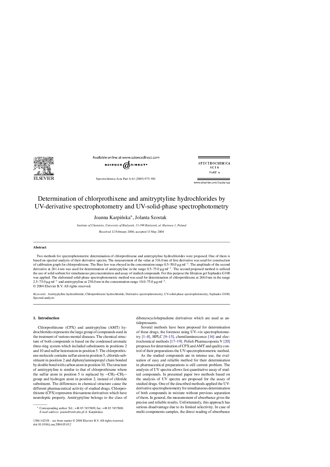 عکس صفحه اول مقاله: Determination of chlorprothixene and amitryptyline hydrochlorides by UV-derivative spectrophotometry and UV-solid-phase spectrophotometry Determination of chlorprothixene and amitryptyline hydrochlorides by UV-derivative spectrophotometry and UV-solid-phase spectrophotometry