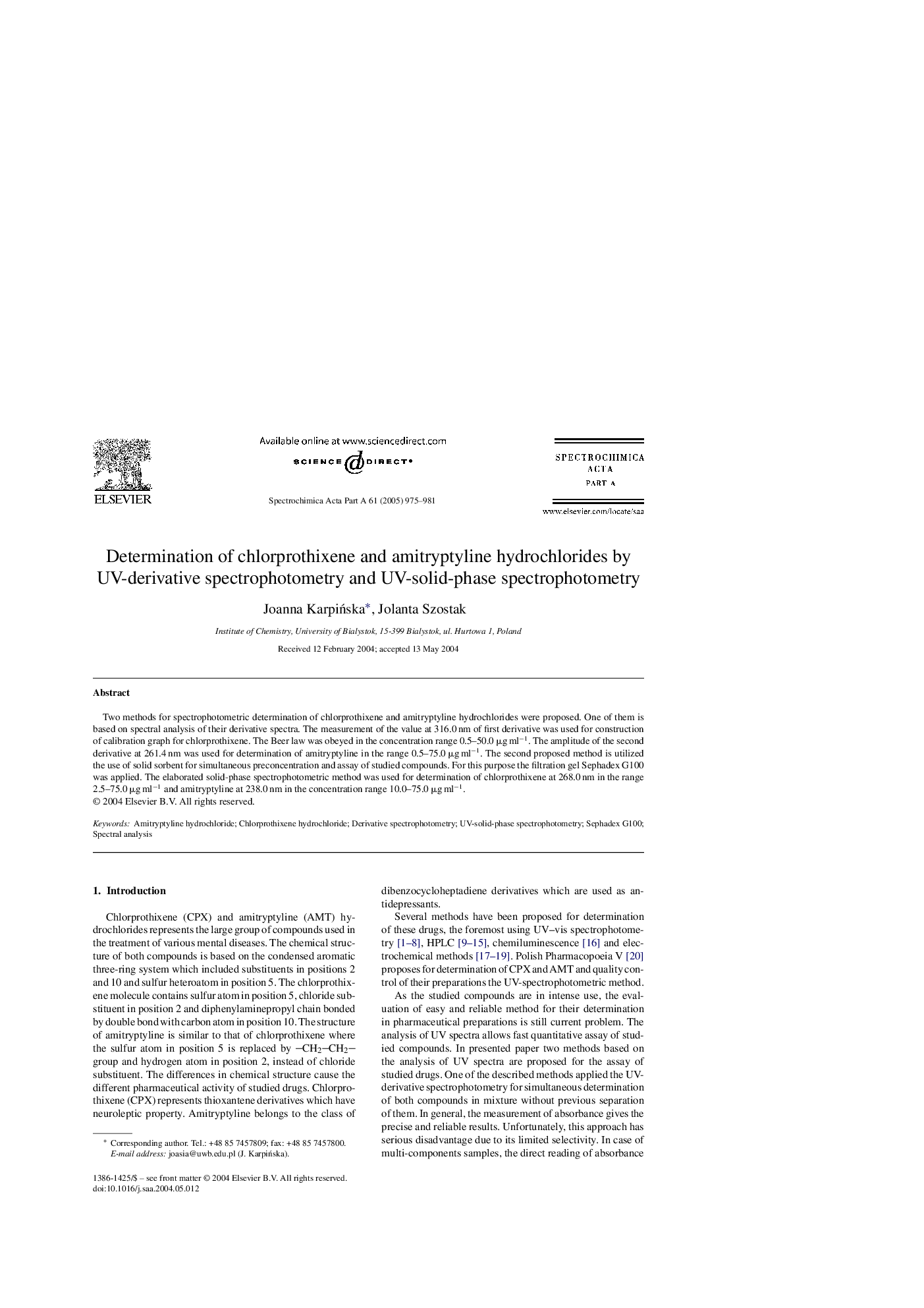 Determination of chlorprothixene and amitryptyline hydrochlorides by UV-derivative spectrophotometry and UV-solid-phase spectrophotometry