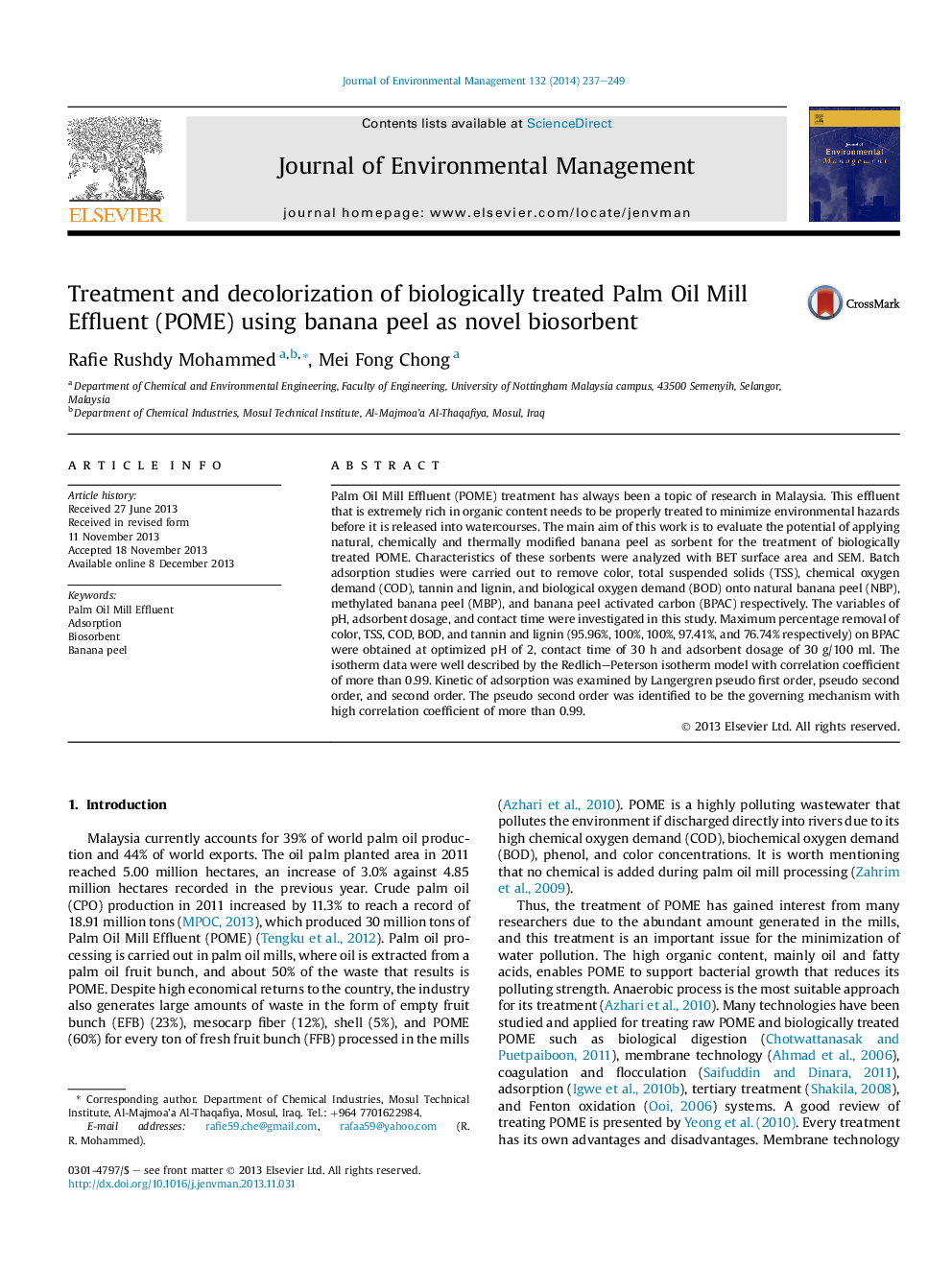 Treatment and decolorization of biologically treated Palm Oil Mill Effluent (POME) using banana peel as novel biosorbent