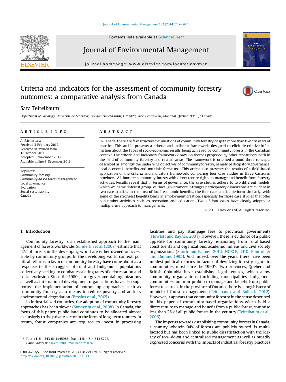 Criteria and indicators for the assessment of community forestry outcomes: a comparative analysis from Canada