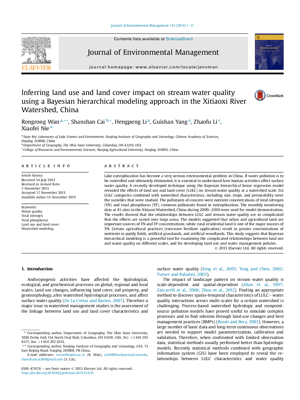 Inferring land use and land cover impact on stream water quality using a Bayesian hierarchical modeling approach in the Xitiaoxi River Watershed, China