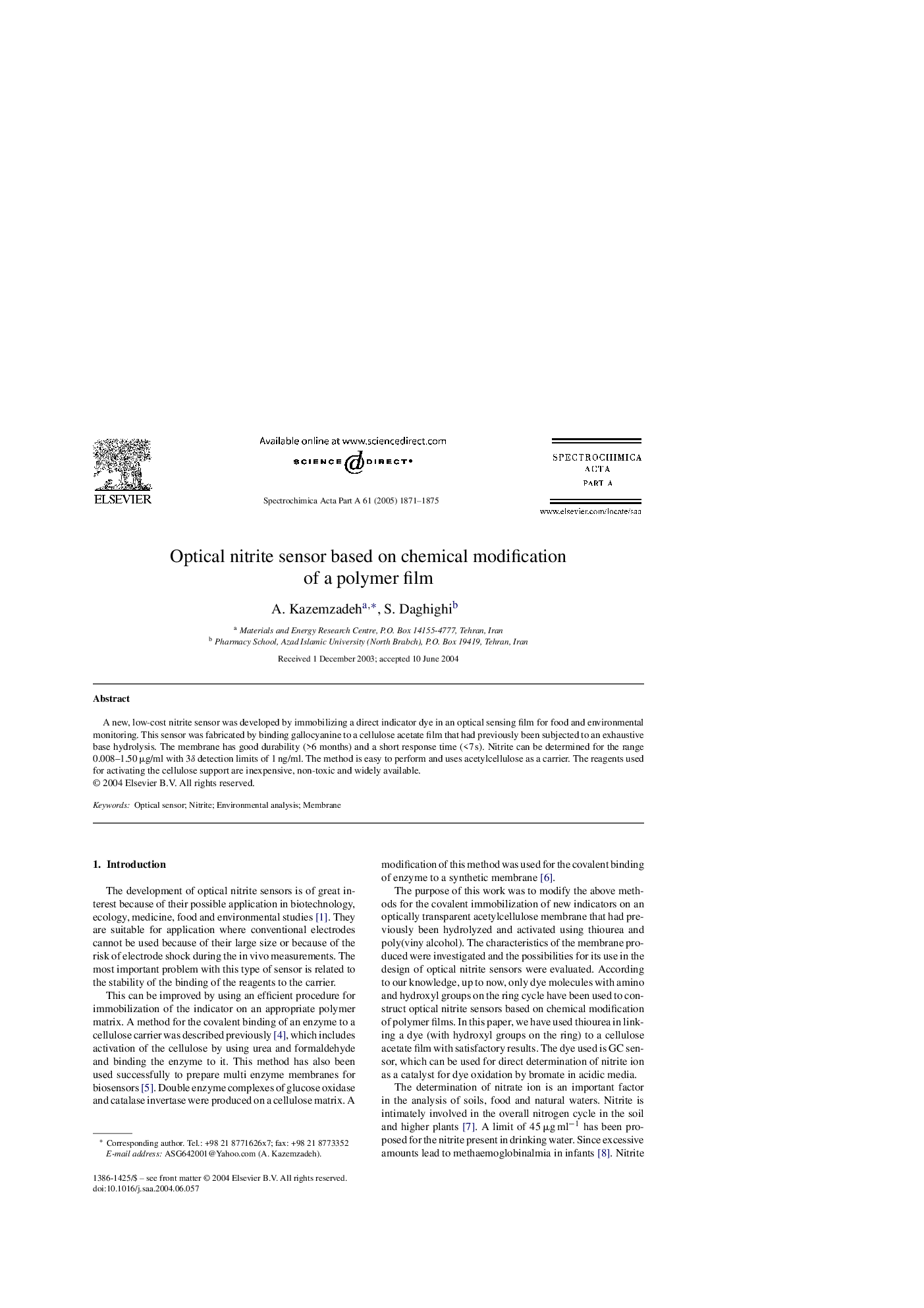 Optical nitrite sensor based on chemical modification of a polymer film