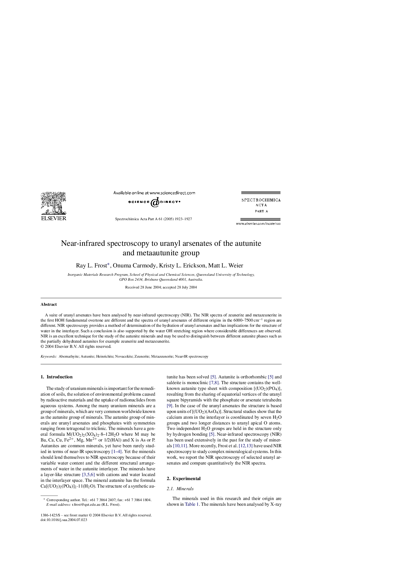 Near-infrared spectroscopy to uranyl arsenates of the autunite and metaautunite group