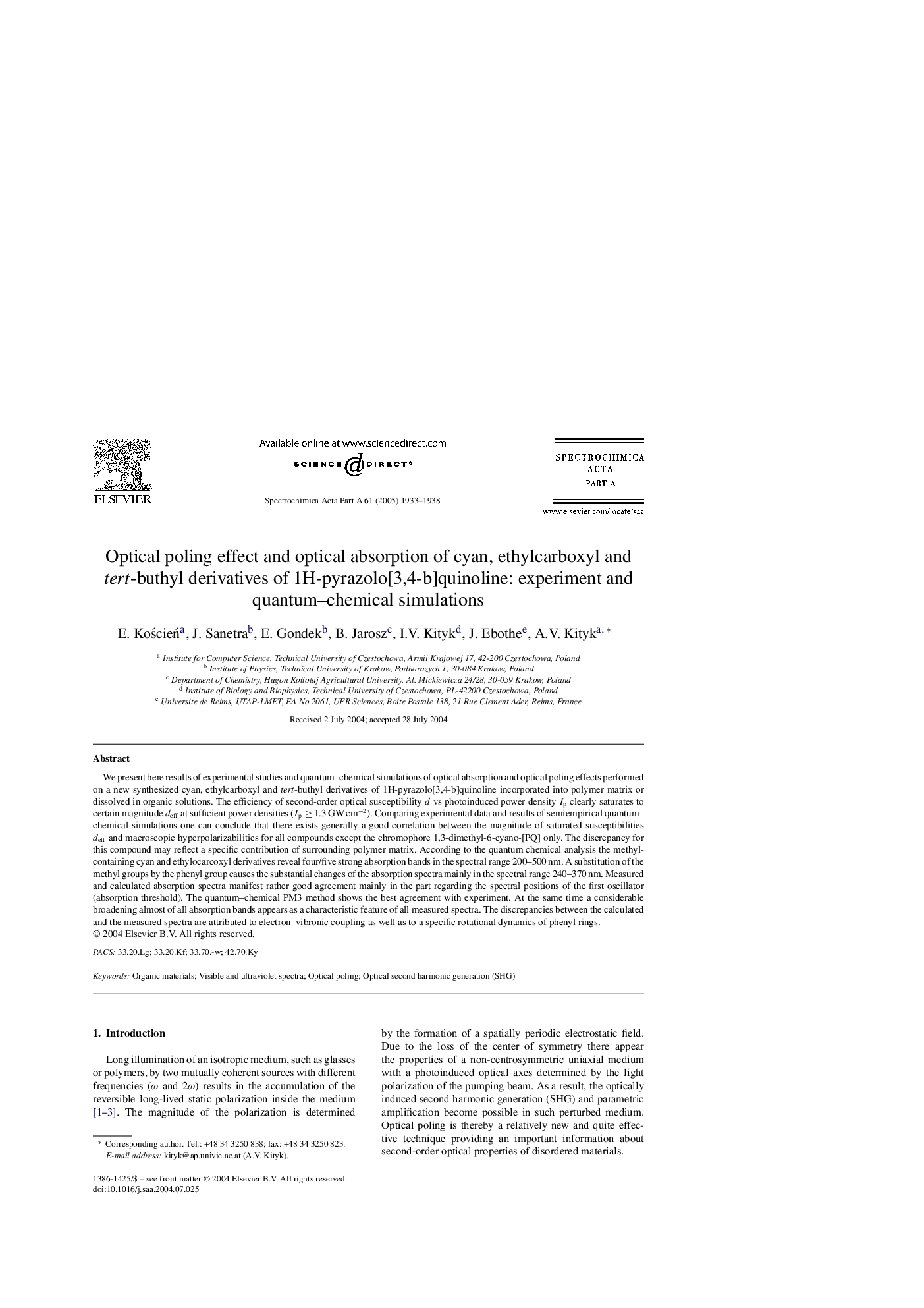 Optical poling effect and optical absorption of cyan, ethylcarboxyl and tert -buthyl derivatives of 1H-pyrazolo[3,4-b]quinoline: experiment and quantum-chemical simulations