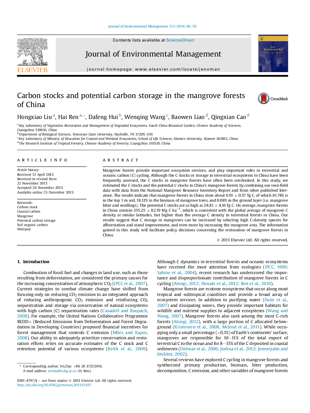 Carbon stocks and potential carbon storage in the mangrove forests of China